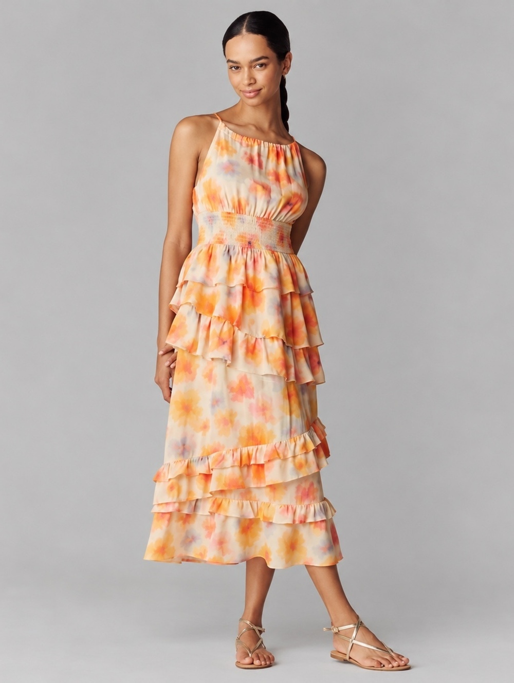 Anthropologie Yellow Orange Floral Tiered Ruffle Halter Midi Dress Small NWT